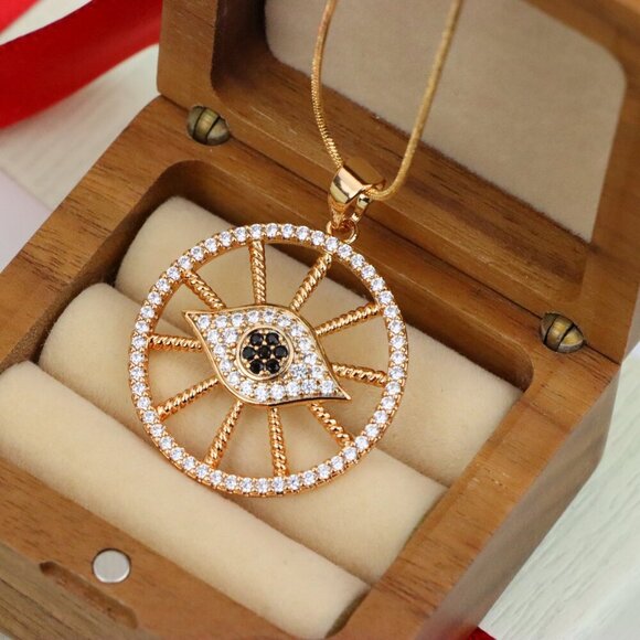 "Sparkling Rose Gold Evil Eye Round Pendant, XPPT1315 - Picture 8 of 12